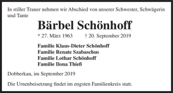 Traueranzeige von Bärbel Schönhoff  von Magdeburger Volksstimme