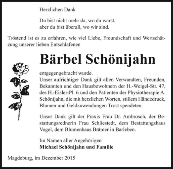 Traueranzeige von Bärbel Schönijahn  von Magdeburger Volksstimme