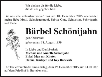 Traueranzeige von Bärbel Schönijahn (geb. Osterwald)  von Magdeburger Volksstimme