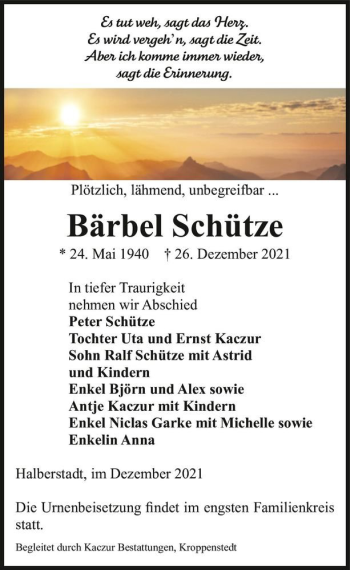 Traueranzeige von Bärbel Schütze  von Magdeburger Volksstimme