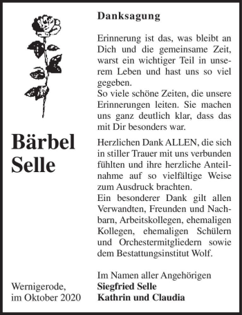 Traueranzeige von Bärbel Selle  von Magdeburger Volksstimme