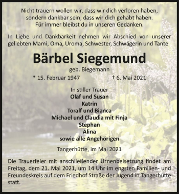 Traueranzeige von Bärbel Siegemund (geb. Biegemann)  von Magdeburger Volksstimme