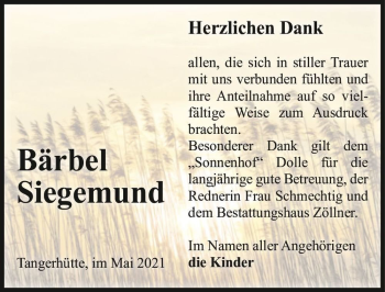 Traueranzeige von Bärbel Siegmund  von Magdeburger Volksstimme