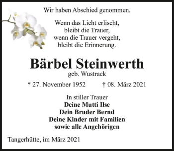 Traueranzeige von Bärbel Steinwerth (geb. Wustrack)  von Magdeburger Volksstimme