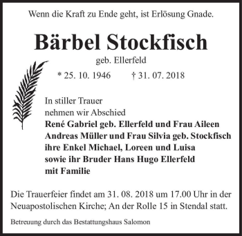 Traueranzeige von Bärbel Stockfisch (geb. Ellerfeld)  von Magdeburger Volksstimme