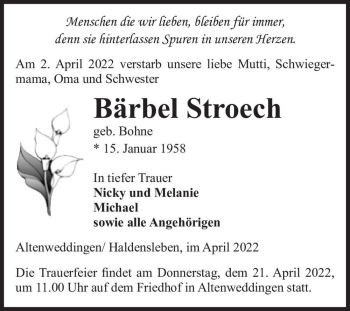Traueranzeige von Bärbel Stroech (geb. Bohne)  von Magdeburger Volksstimme