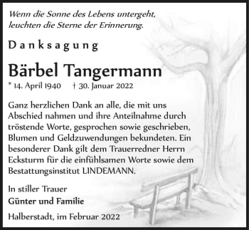 Traueranzeige von Bärbel Tangermann  von Magdeburger Volksstimme