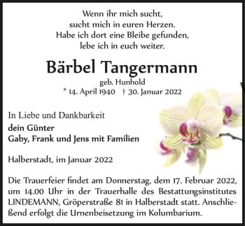 Traueranzeige von Bärbel Tangermann (geb. Hunhold)  von Magdeburger Volksstimme