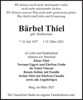 Traueranzeige von Bärbel Thiel (geb. Stodtmeister)  von Magdeburger Volksstimme