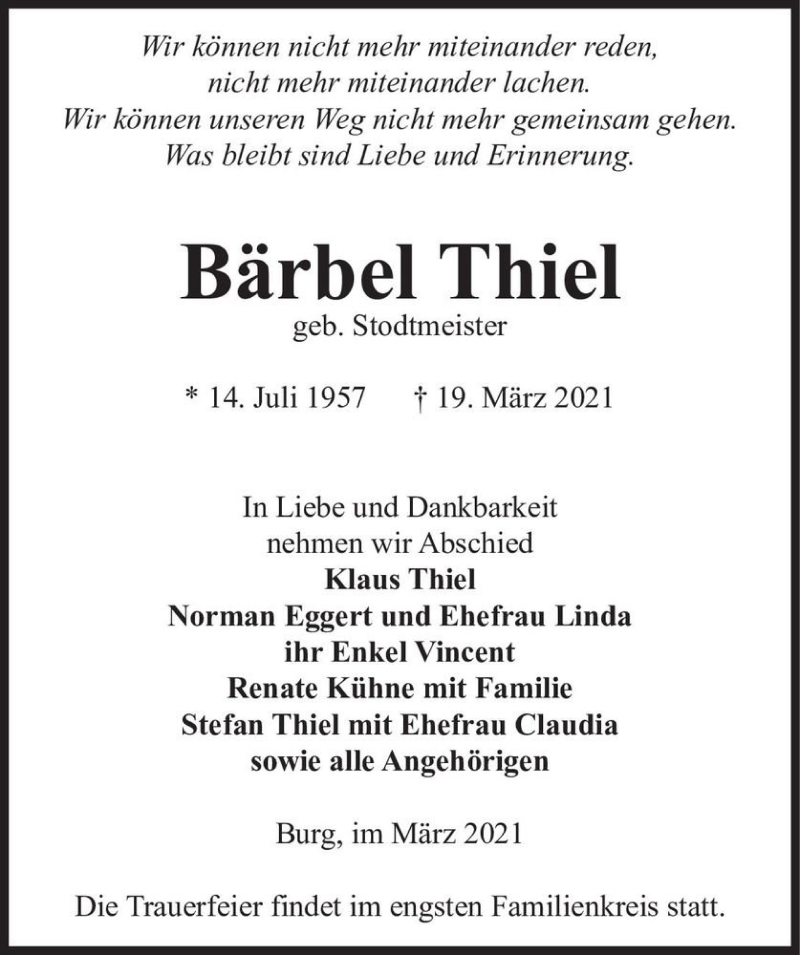  Traueranzeige für Bärbel Thiel (geb. Stodtmeister)  vom 27.03.2021 aus Magdeburger Volksstimme