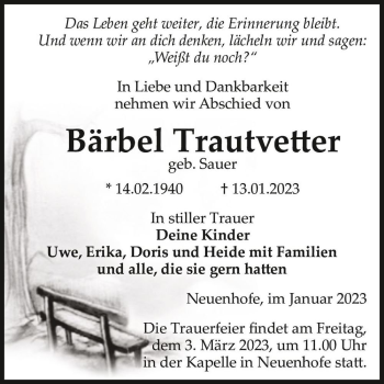 Traueranzeige von Bärbel Trautvetter (geb. Sauer)  von Magdeburger Volksstimme