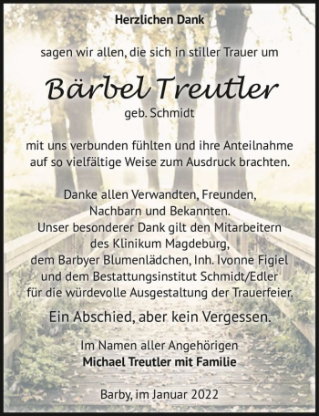 Traueranzeige von Bärbel Treutler (geb. Schmidt)  von Magdeburger Volksstimme