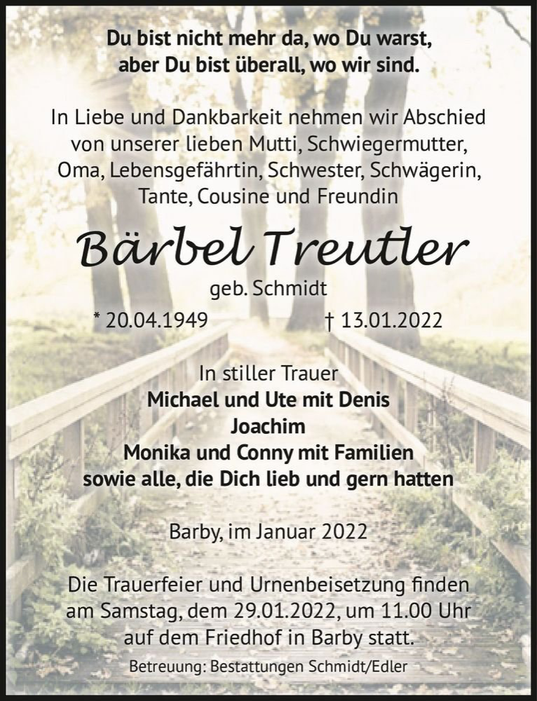  Traueranzeige für Bärbel Treutler (geb. Schmidt)  vom 22.01.2022 aus Magdeburger Volksstimme