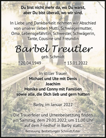 Traueranzeige von Bärbel Treutler (geb. Schmidt)  von Magdeburger Volksstimme