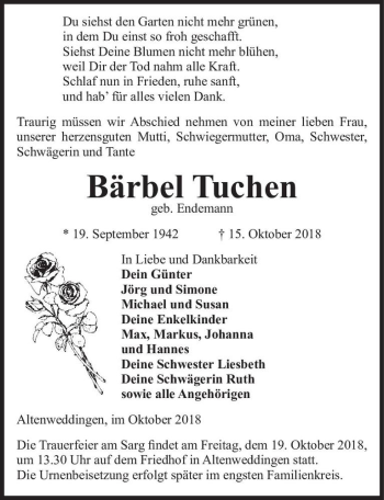 Traueranzeige von Bärbel Tuchen (geb. Endemann)  von Magdeburger Volksstimme