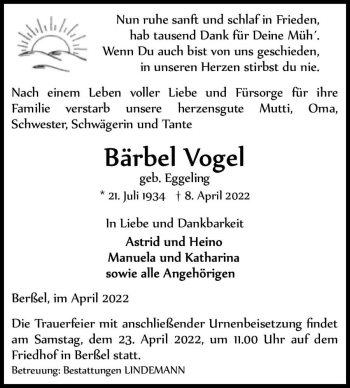 Traueranzeige von Bärbel Vogel (geb. Eggeling)  von Magdeburger Volksstimme