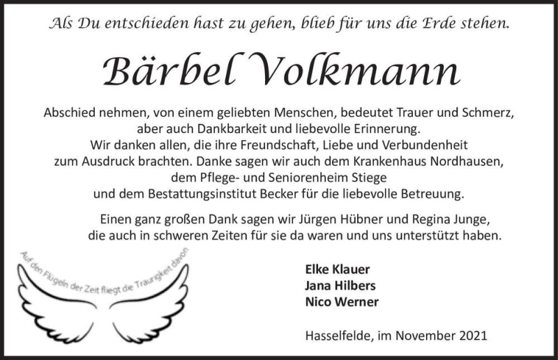  Traueranzeige für Bärbel Volkmann  vom 20.11.2021 aus Magdeburger Volksstimme