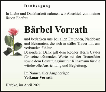 Traueranzeige von Bärbel Vorrath  von Magdeburger Volksstimme