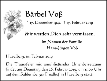 Traueranzeige von Bärbel Voß  von Magdeburger Volksstimme