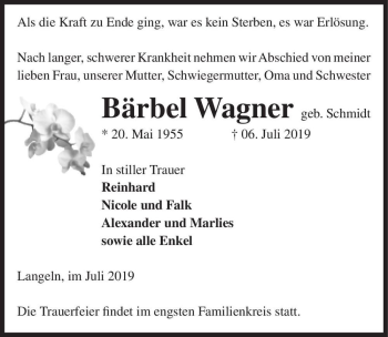 Traueranzeige von Bärbel Wagner (geb. Schmidt)  von Magdeburger Volksstimme