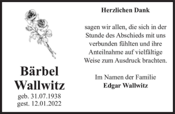 Traueranzeige von Bärbel Wallwitz  von Magdeburger Volksstimme