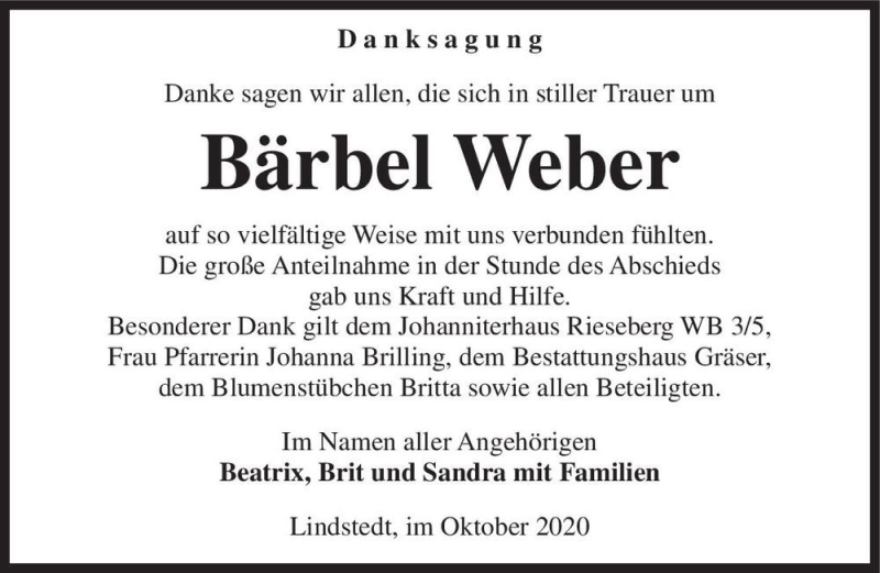  Traueranzeige für Bärbel Weber  vom 17.10.2020 aus Magdeburger Volksstimme