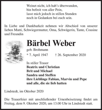 Traueranzeige von Bärbel Weber (geb. Brohmann)  von Magdeburger Volksstimme