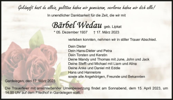Traueranzeige von Bärbel Wedau (geb. Lipkat)  von Magdeburger Volksstimme