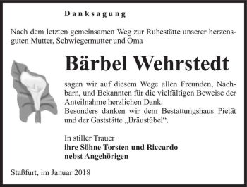 Traueranzeige von Bärbel Wehrstedt  von Magdeburger Volksstimme