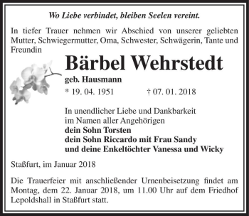 Traueranzeige von Bärbel Wehrstedt (geb. Hausmann)  von Magdeburger Volksstimme