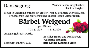 Traueranzeige von Bärbel Weigend (geb. Kühne)  von Magdeburger Volksstimme