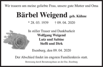 Traueranzeige von Bärbel Weigend (geb. Kühne)  von Magdeburger Volksstimme