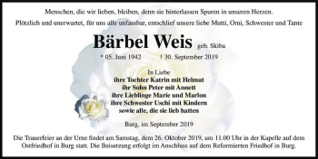 Traueranzeige von Bärbel Weis (geb. Skiba)  von Magdeburger Volksstimme