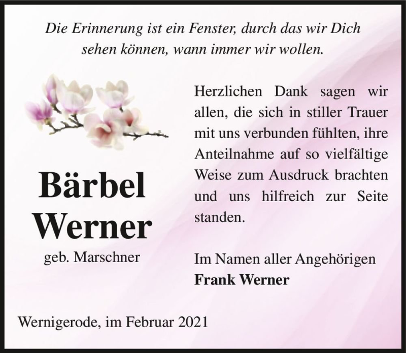  Traueranzeige für Bärbel Werner (geb. Marschner)  vom 06.02.2021 aus Magdeburger Volksstimme