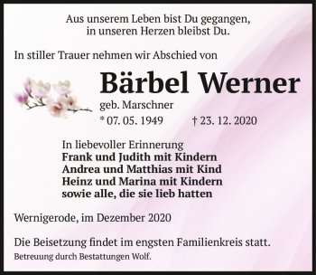 Traueranzeige von Bärbel Werner (geb. Marschner)  von Magdeburger Volksstimme