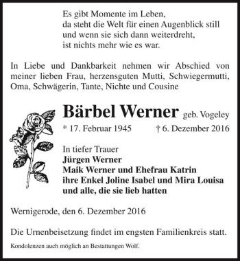Traueranzeige von Bärbel Werner (geb. Vogeley)  von Magdeburger Volksstimme