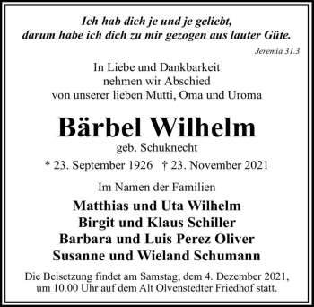 Traueranzeige von Bärbel Wilhelm (geb. Schuknecht)  von Magdeburger Volksstimme