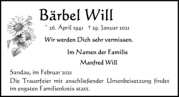 Traueranzeige von Bärbel Will  von Magdeburger Volksstimme
