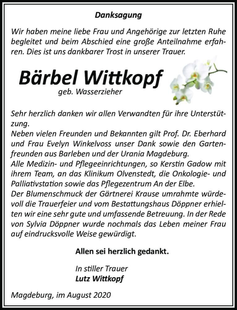  Traueranzeige für Bärbel Wittkopf (geb. Wasserzieher)  vom 08.08.2020 aus Magdeburger Volksstimme