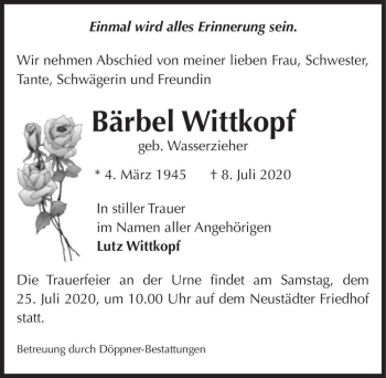 Traueranzeige von Bärbel Wittkopf (geb. Wasserzieher)  von Magdeburger Volksstimme