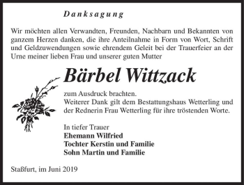 Traueranzeige von Bärbel Wittzack  von Magdeburger Volksstimme