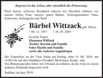 Traueranzeige von Bärbel Wittzack (geb. Meyer)  von Magdeburger Volksstimme