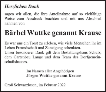 Traueranzeige von Bärbel Wuttke  von Magdeburger Volksstimme