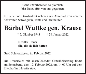 Traueranzeige von Bärbel Wuttke (gen. Krause)  von Magdeburger Volksstimme