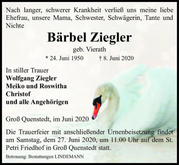 Traueranzeige von Bärbel Ziegler (geb. Vierath)  von Magdeburger Volksstimme