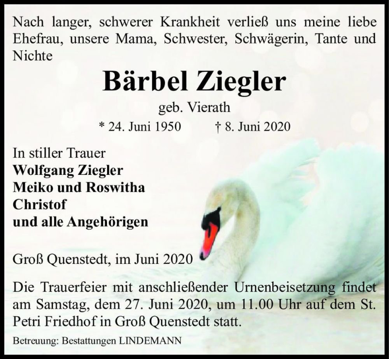  Traueranzeige für Bärbel Ziegler (geb. Vierath)  vom 13.06.2020 aus Magdeburger Volksstimme