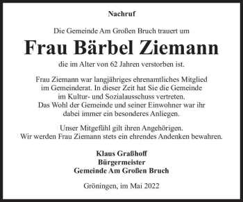 Traueranzeige von Bärbel Ziemann  von Magdeburger Volksstimme