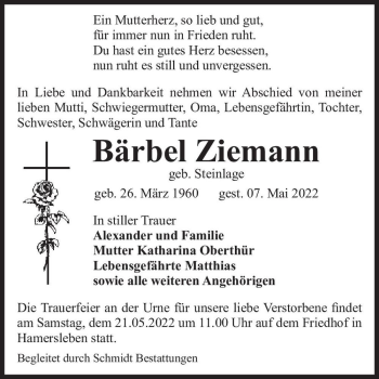 Traueranzeige von Bärbel Ziemann (geb. Steinlage)  von Magdeburger Volksstimme