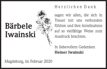 Traueranzeige von Bärbele Iwainski  von Magdeburger Volksstimme