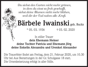 Traueranzeige von Bärbele Iwainski (geb. Bucks)  von Magdeburger Volksstimme